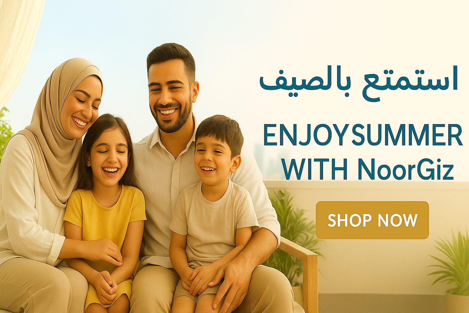 Family sitting together with promotional text for NoorGiz summer shopping.