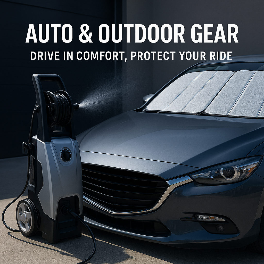 Durable auto and outdoor gear including car pressure washer and foldable windshield sunshade for protection and maintenance