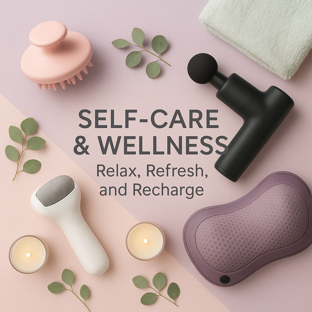 Premium self-care and wellness products including massage guns, scalp massagers, foot care tools, and heating belts for relaxation and pain relief